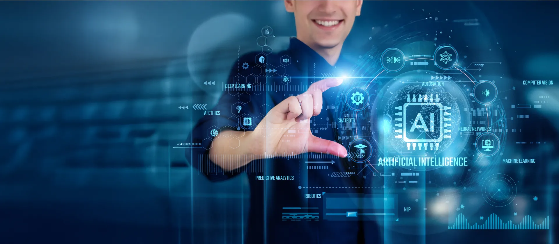 ai and advanced analytics services image showing a man engaging with artificial intelligence on a screen