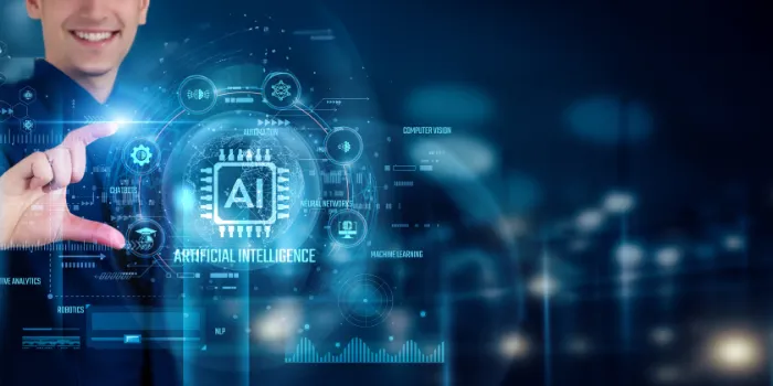 ai and advanced analytics image showing a man engaging with artificial intelligence on a screen